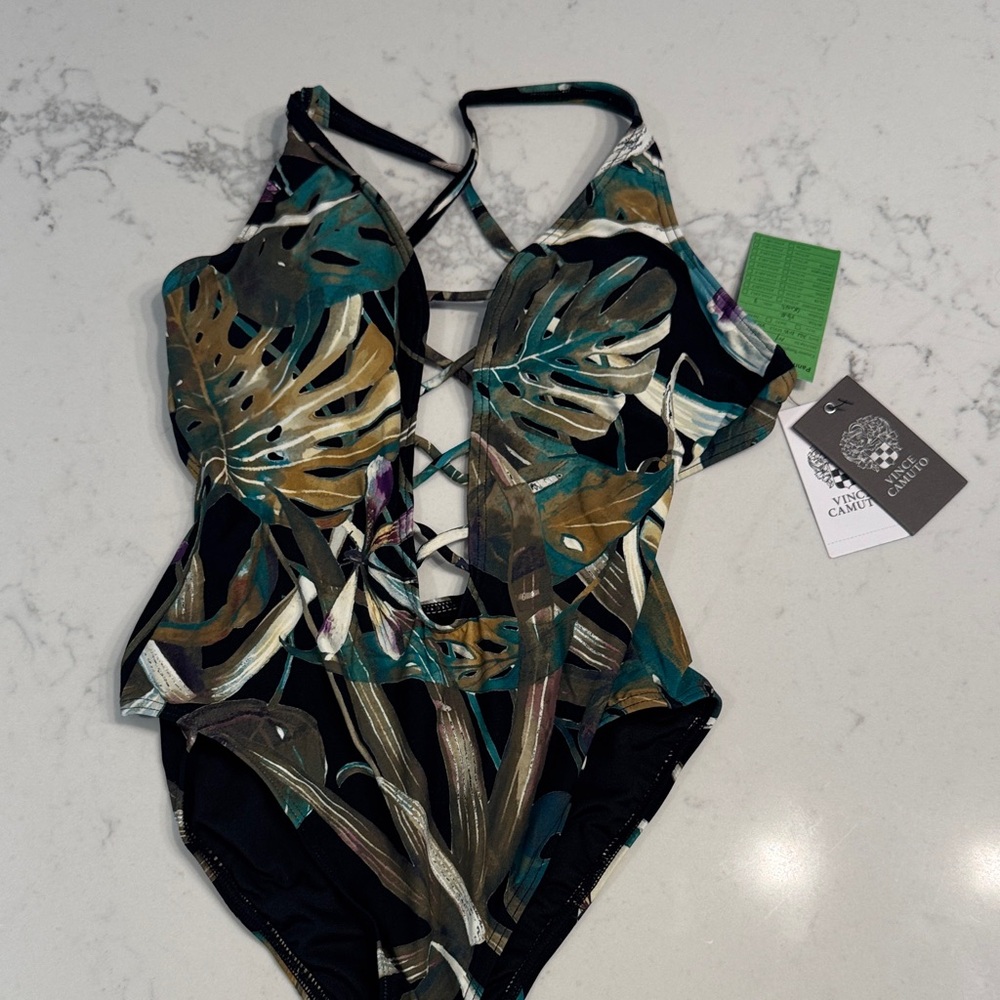 Women’s Jungle Leaf One Piece Swimsuit - Black and Green Size 8 NWT - Picture 2 of 5